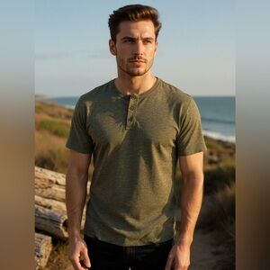 Vince Men’s Henley T-Shirt XL Olive Green Slub Knit Made in Peru